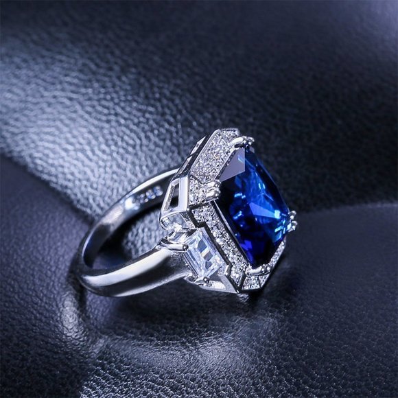 💥925 Silver Plated Big Blue Cubic Zirconia Ring for Women, MLNN1001 - Picture 1 of 4